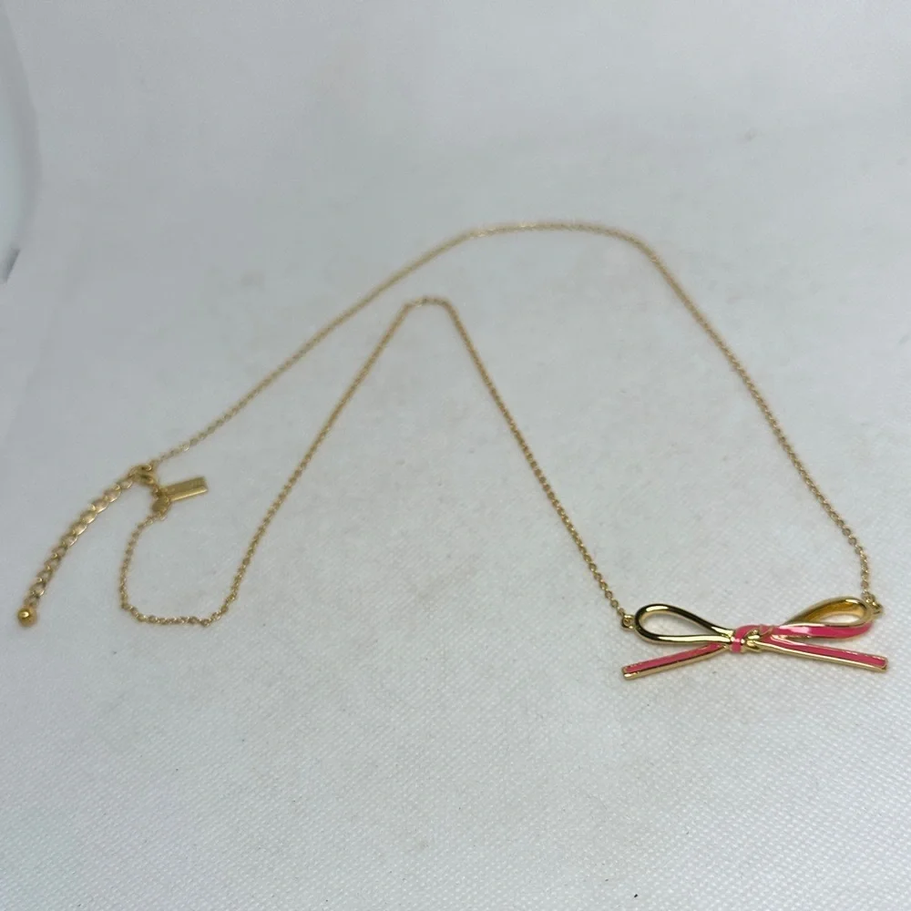 Kate Spade Gold Necklace with Pink Enamel Bow – 28” with 2” Extender